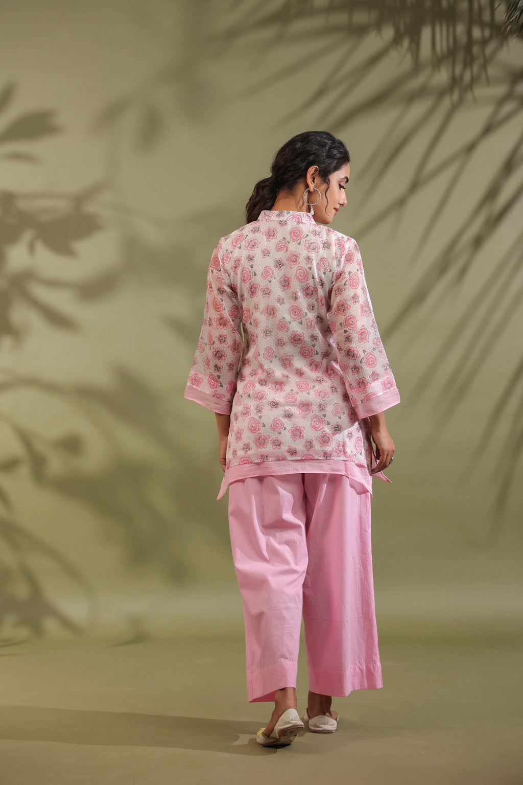 Pink, Hand Block Printed With Kota Doria & Cotton Co-ord Set Of 2