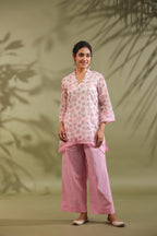 Pink, Hand Block Printed With Kota Doria & Cotton Co-ord Set Of 2