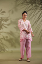 Pink, Hand Block Printed With Kota Doria & Cotton Co-ord Set Of 2