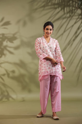 Pink, Hand Block Printed With Kota Doria & Cotton Co-ord Set Of 2