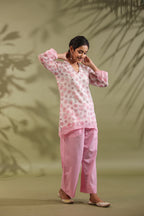 Pink, Hand Block Printed With Kota Doria & Cotton Co-ord Set Of 2