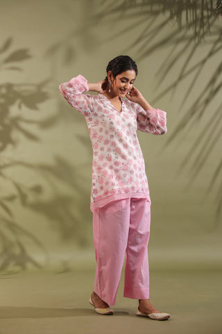 Pink, Hand Block Printed With Kota Doria & Cotton Co-ord Set Of 2