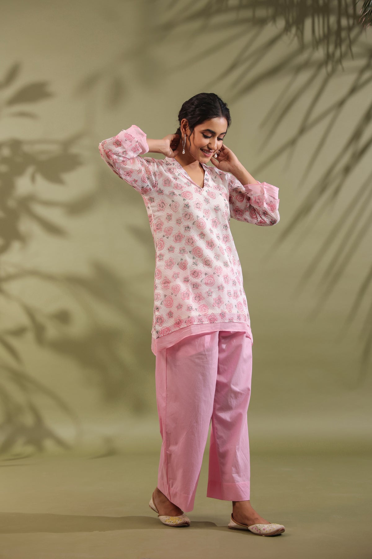 Pink, Hand Block Printed With Kota Doria & Cotton Co-ord Set Of 2