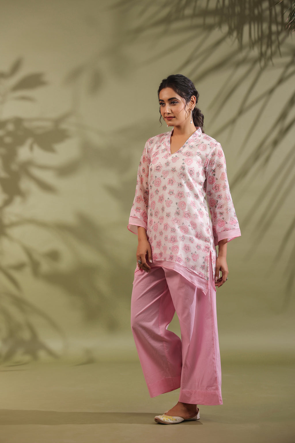 Pink, Hand Block Printed With Kota Doria & Cotton Co-ord Set Of 2