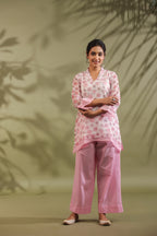Pink, Hand Block Printed With Kota Doria & Cotton Co-ord Set Of 2