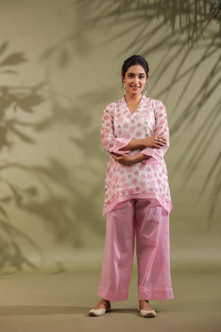 Pink, Hand Block Printed With Kota Doria & Cotton Co-ord Set Of 2