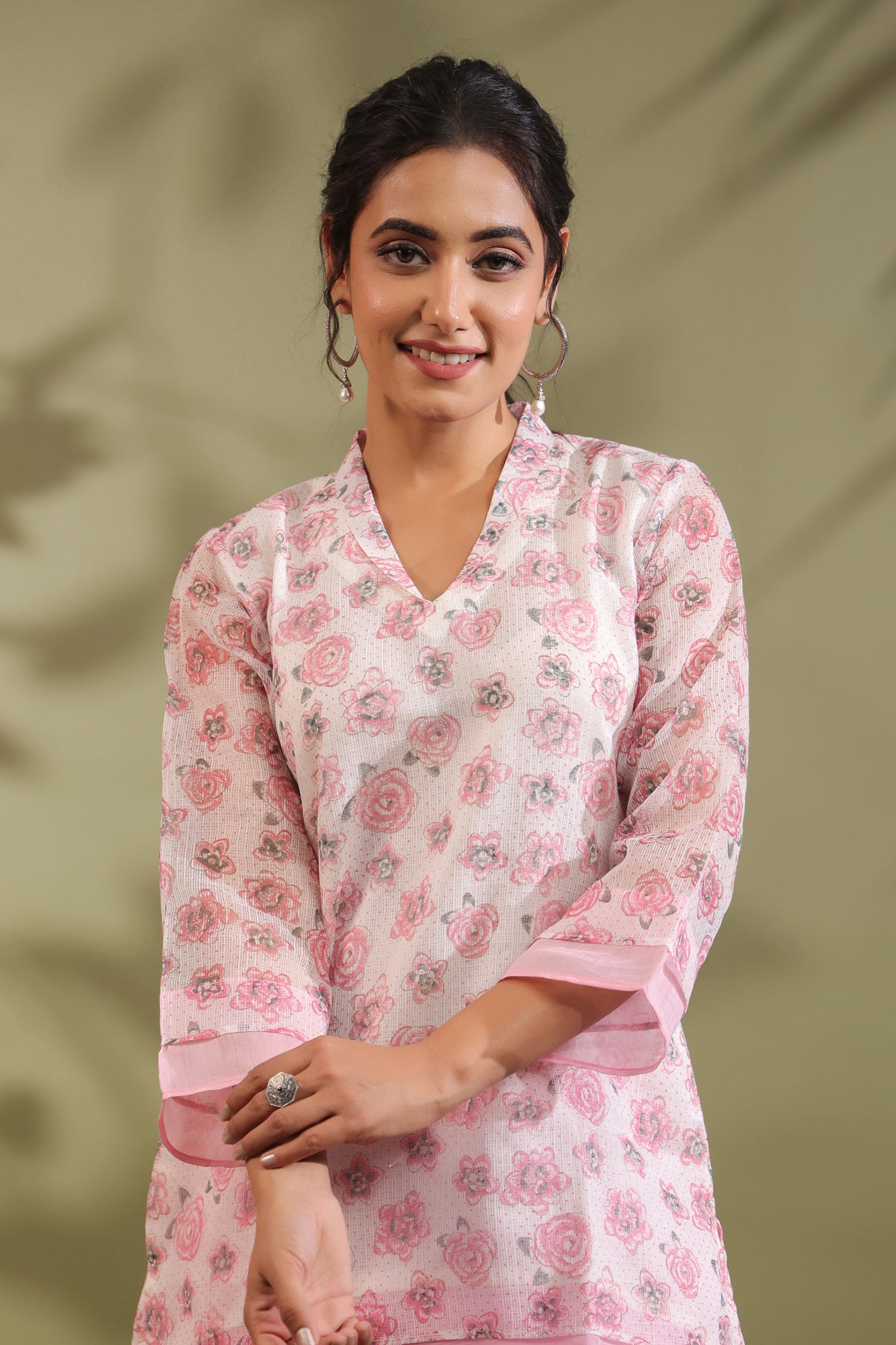 Pink, Hand Block Printed With Kota Doria & Cotton Co-ord Set Of 2