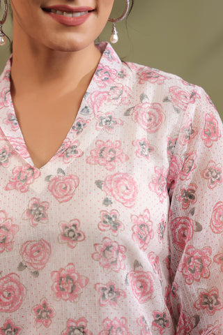 Pink, Hand Block Printed With Kota Doria & Cotton Co-ord Set Of 2