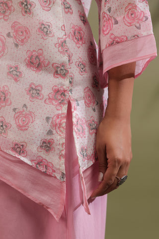 Pink, Hand Block Printed With Kota Doria & Cotton Co-ord Set Of 2