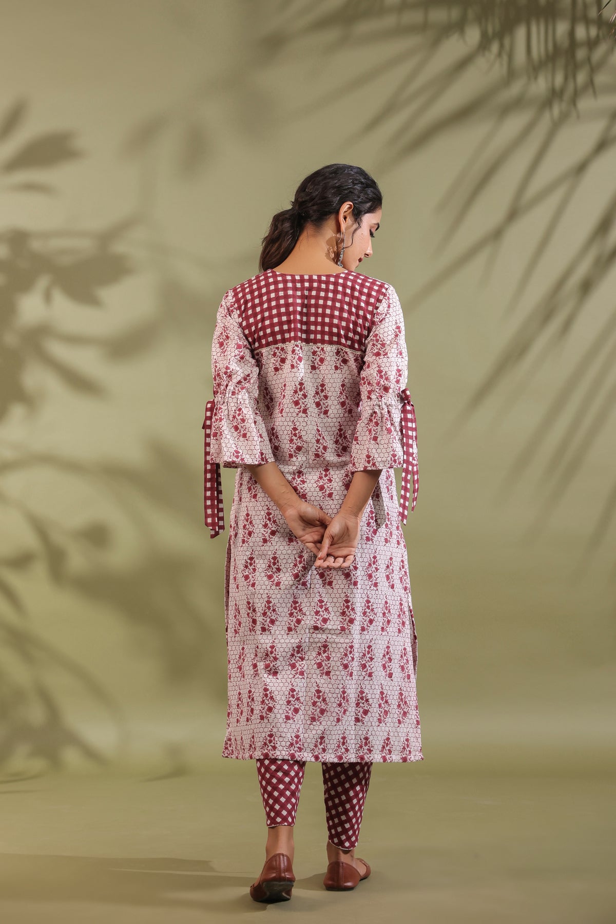 Maroon Floral Cotton Kurta with Checked Dhoti Pants Set