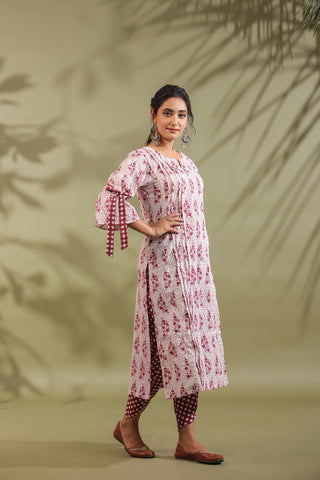Maroon Floral Cotton Kurta with Checked Dhoti Pants Set
