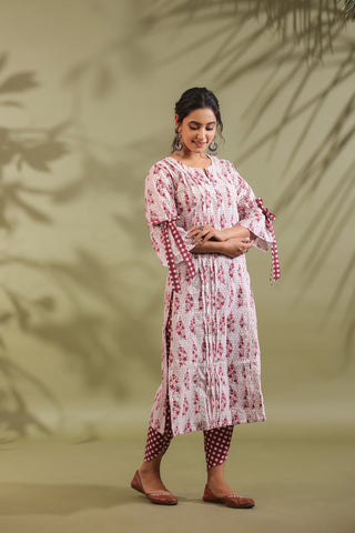 Maroon Floral Cotton Kurta with Checked Dhoti Pants Set