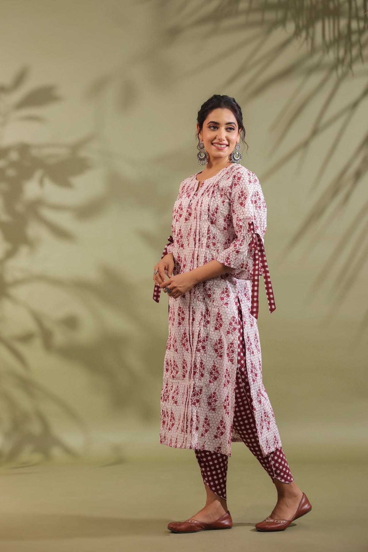 Maroon Floral Cotton Kurta with Checked Dhoti Pants Set