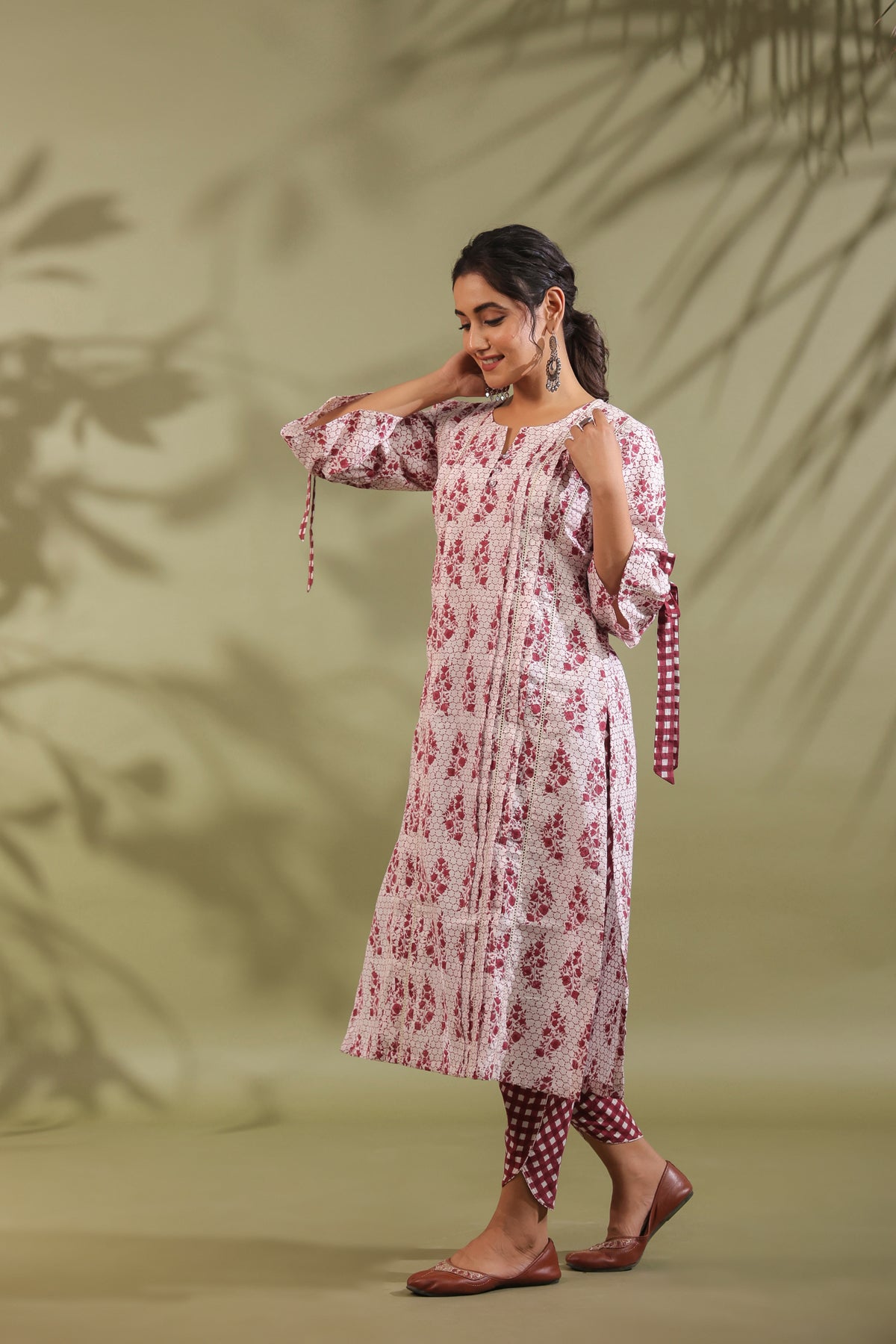 Maroon Floral Cotton Kurta with Checked Dhoti Pants Set