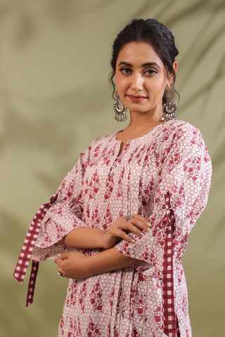 Maroon Floral Cotton Kurta with Checked Dhoti Pants Set