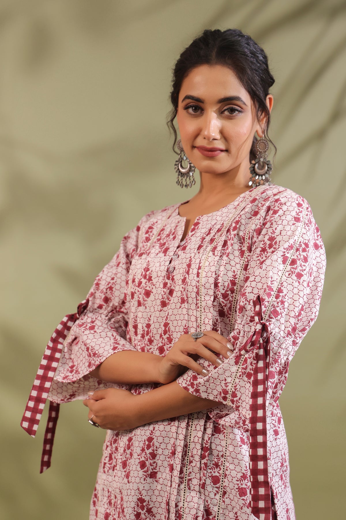 Maroon Floral Cotton Kurta with Checked Dhoti Pants Set