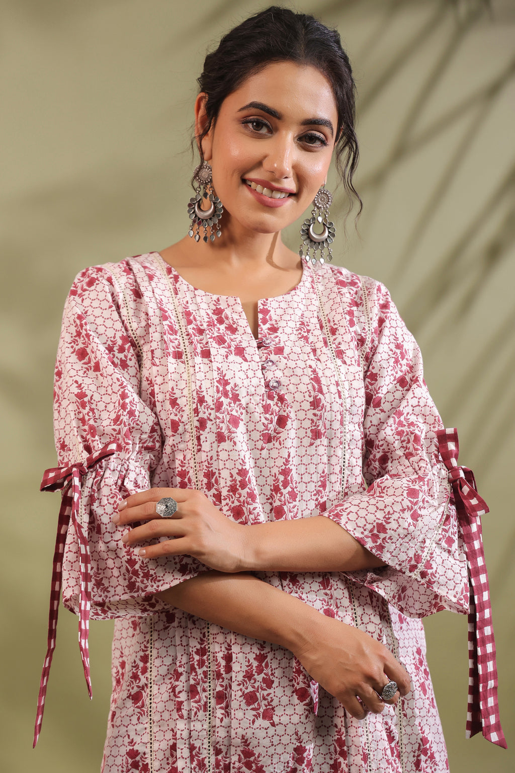 Maroon Floral Cotton Kurta with Checked Dhoti Pants Set