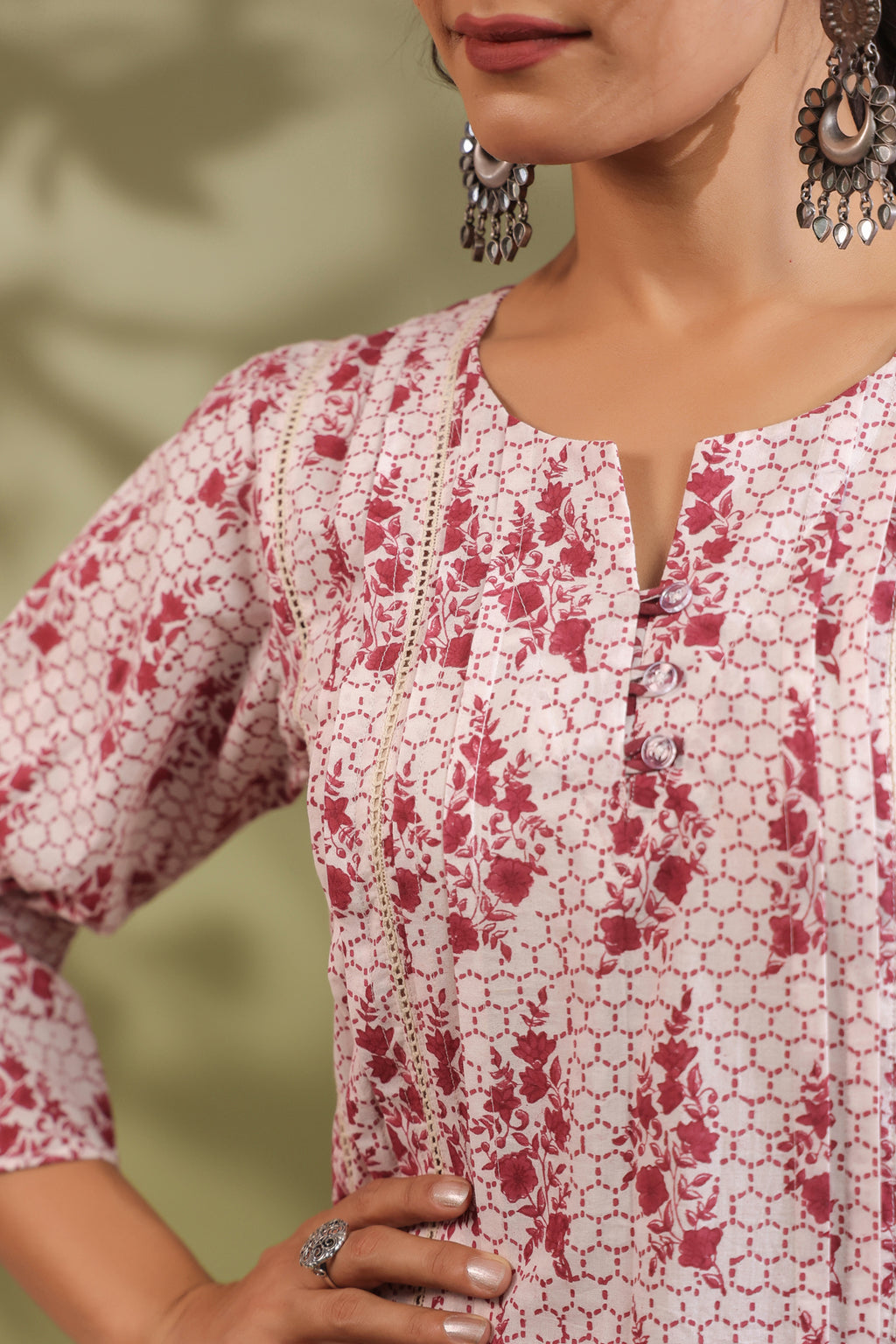 Maroon Floral Cotton Kurta with Checked Dhoti Pants Set