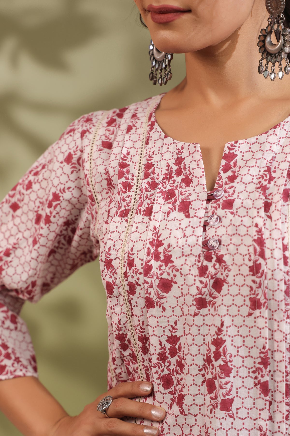 Maroon Floral Cotton Kurta with Checked Dhoti Pants Set