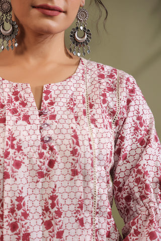 Maroon Floral Cotton Kurta with Checked Dhoti Pants Set