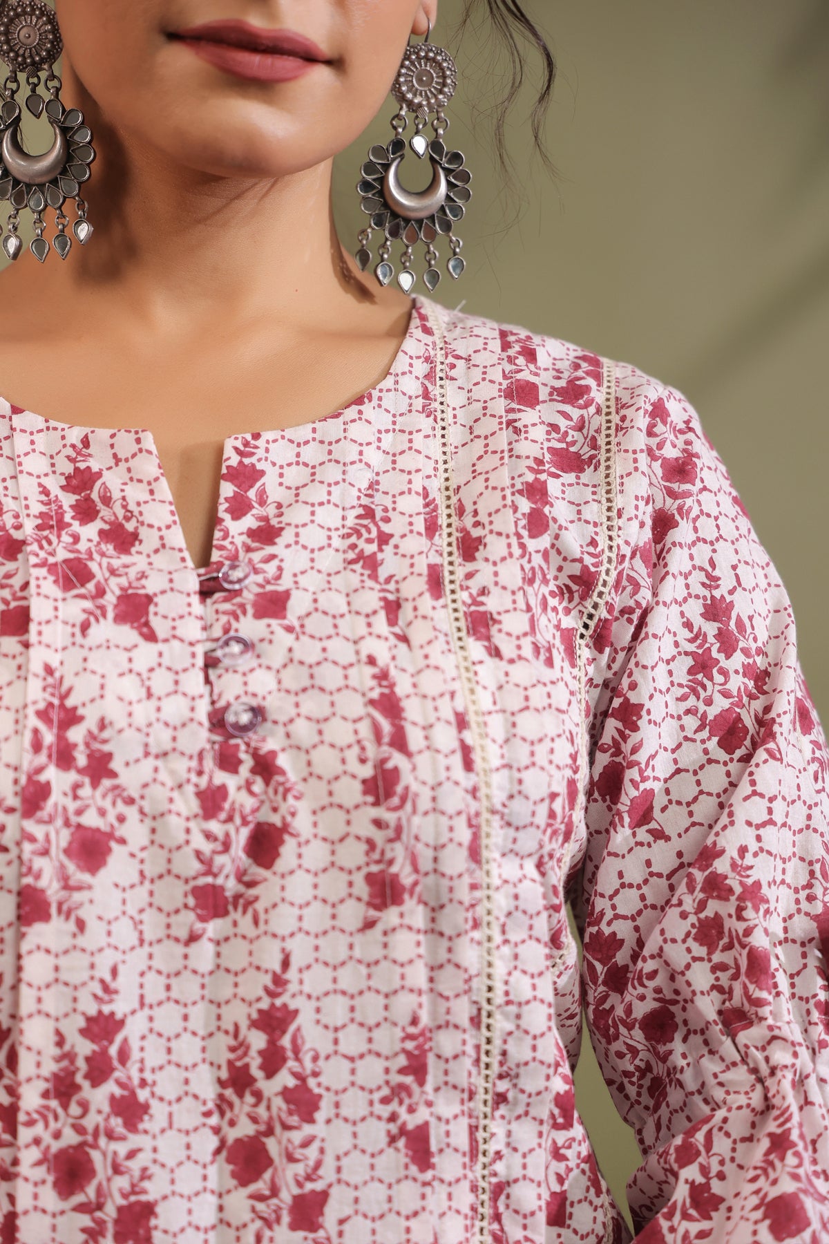 Maroon Floral Cotton Kurta with Checked Dhoti Pants Set