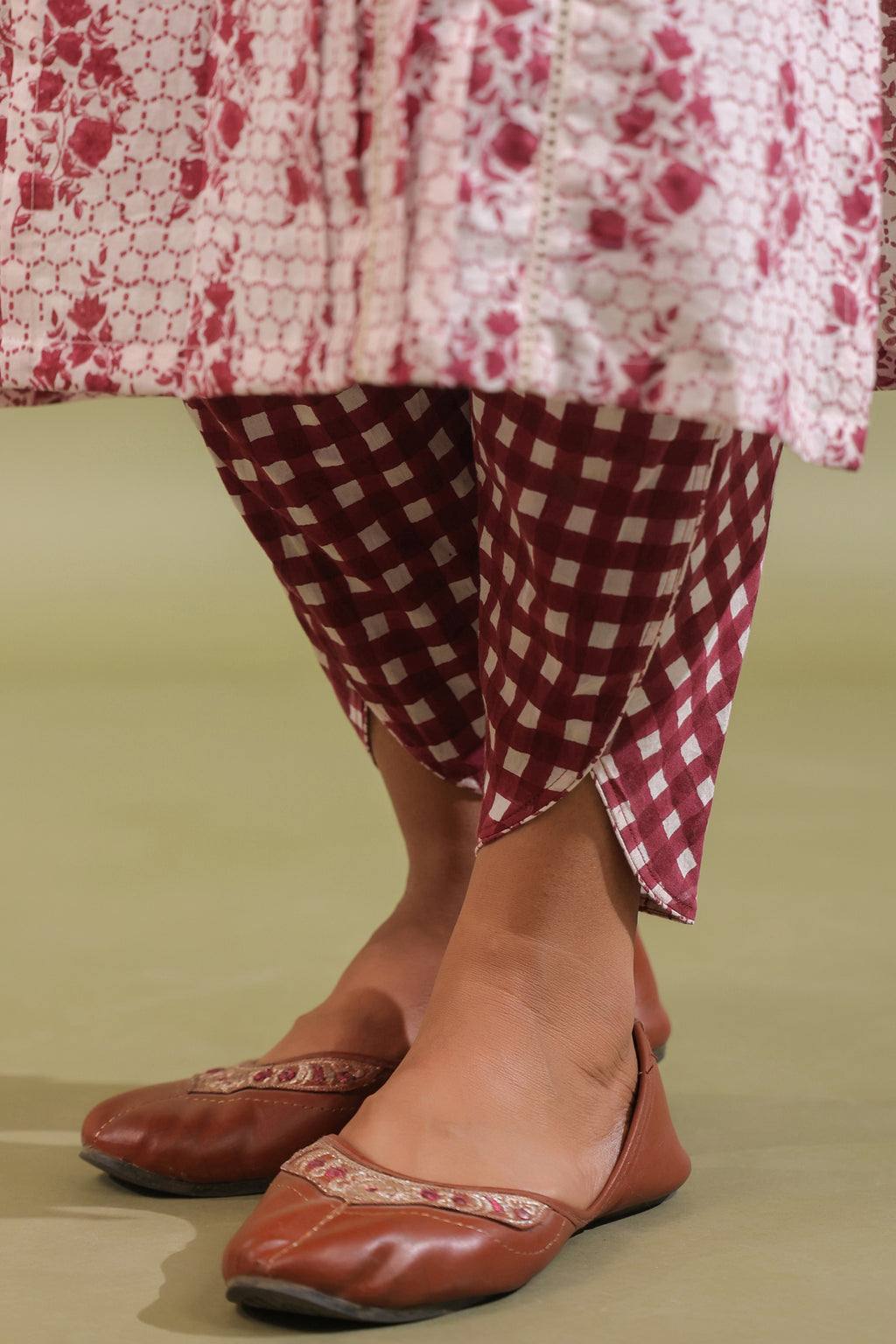 Maroon Floral Cotton Kurta with Checked Dhoti Pants Set