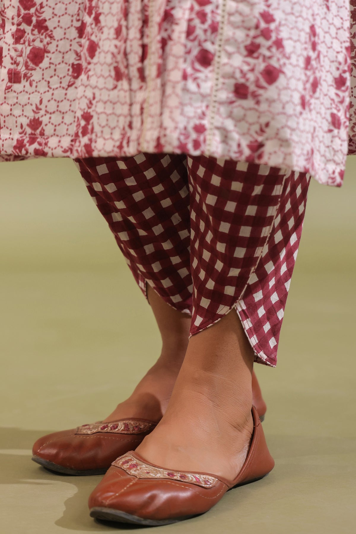 Maroon Floral Cotton Kurta with Checked Dhoti Pants Set