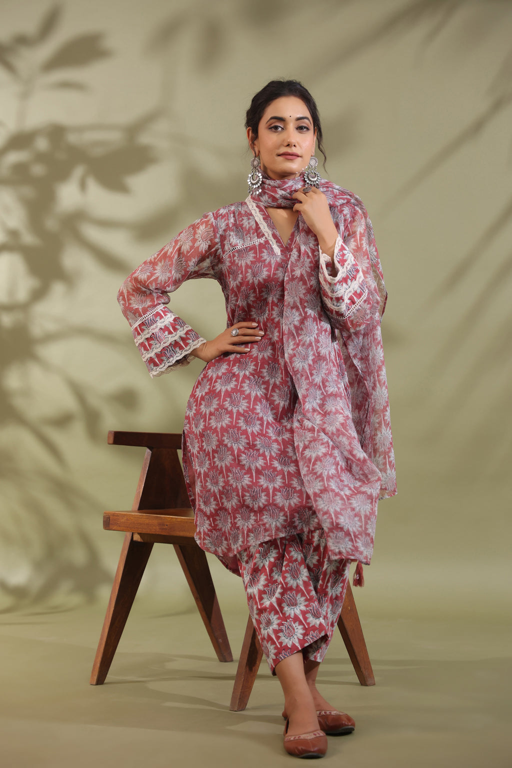 Hand Block Printed Cotton High Low Suit Set Of 3