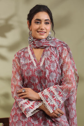 Hand Block Printed Cotton High Low Suit Set Of 3