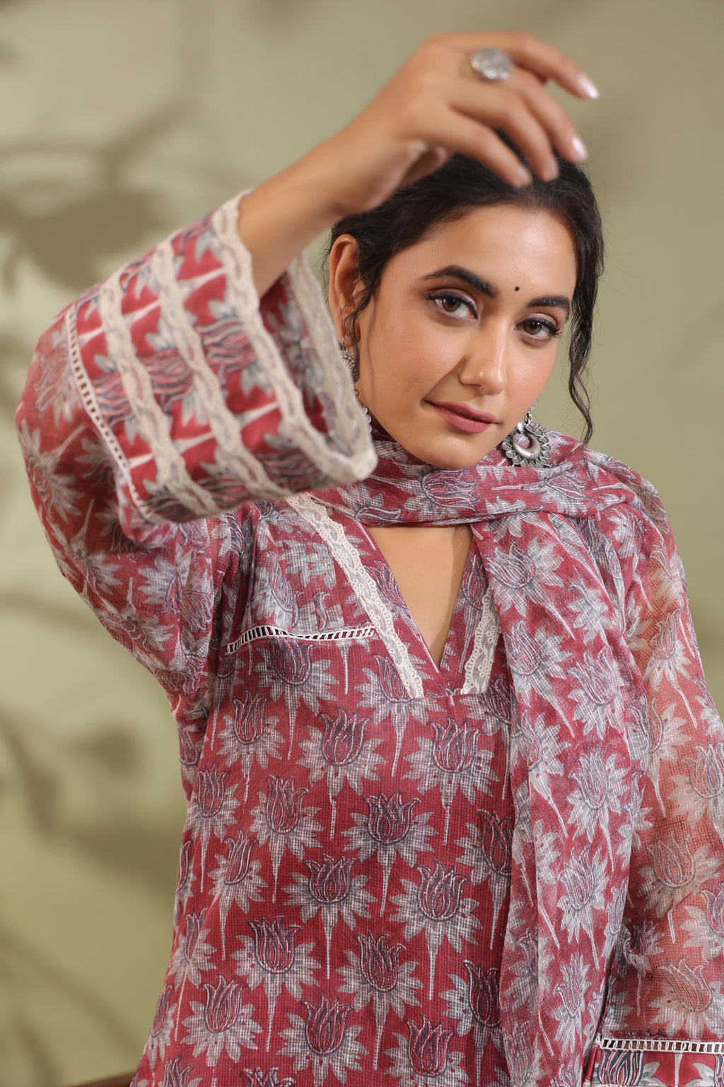 Hand Block Printed Cotton High Low Suit Set Of 3