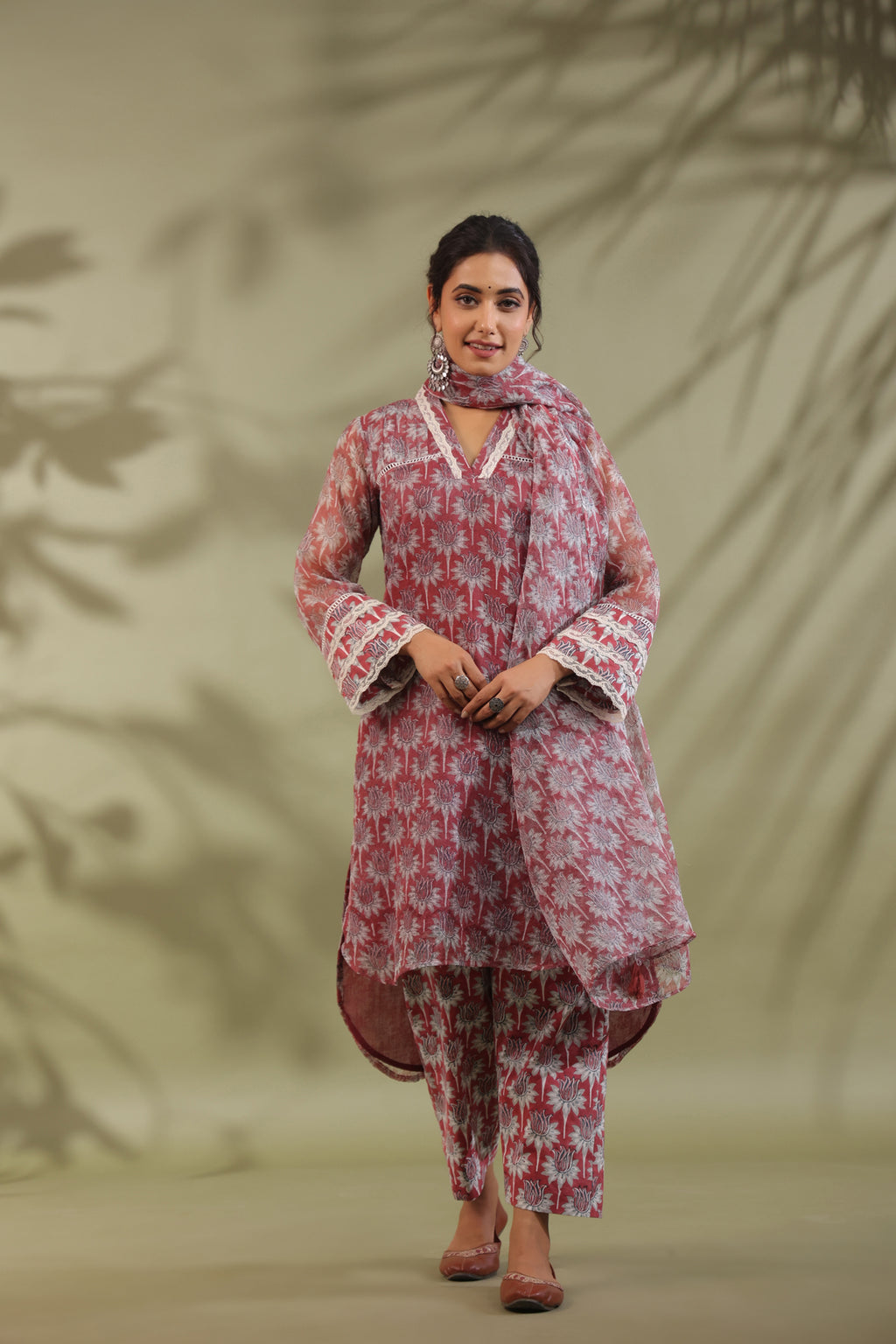 Hand Block Printed Cotton High Low Suit Set Of 3
