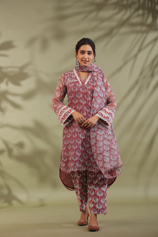 Hand Block Printed Cotton High Low Suit Set Of 3