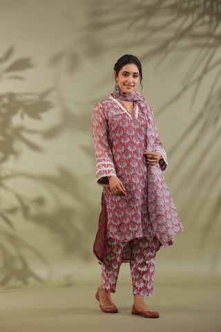 Hand Block Printed Cotton High Low Suit Set Of 3