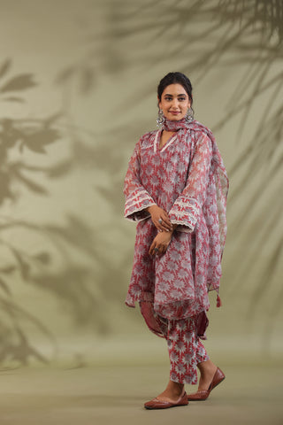 Hand Block Printed Cotton High Low Suit Set Of 3