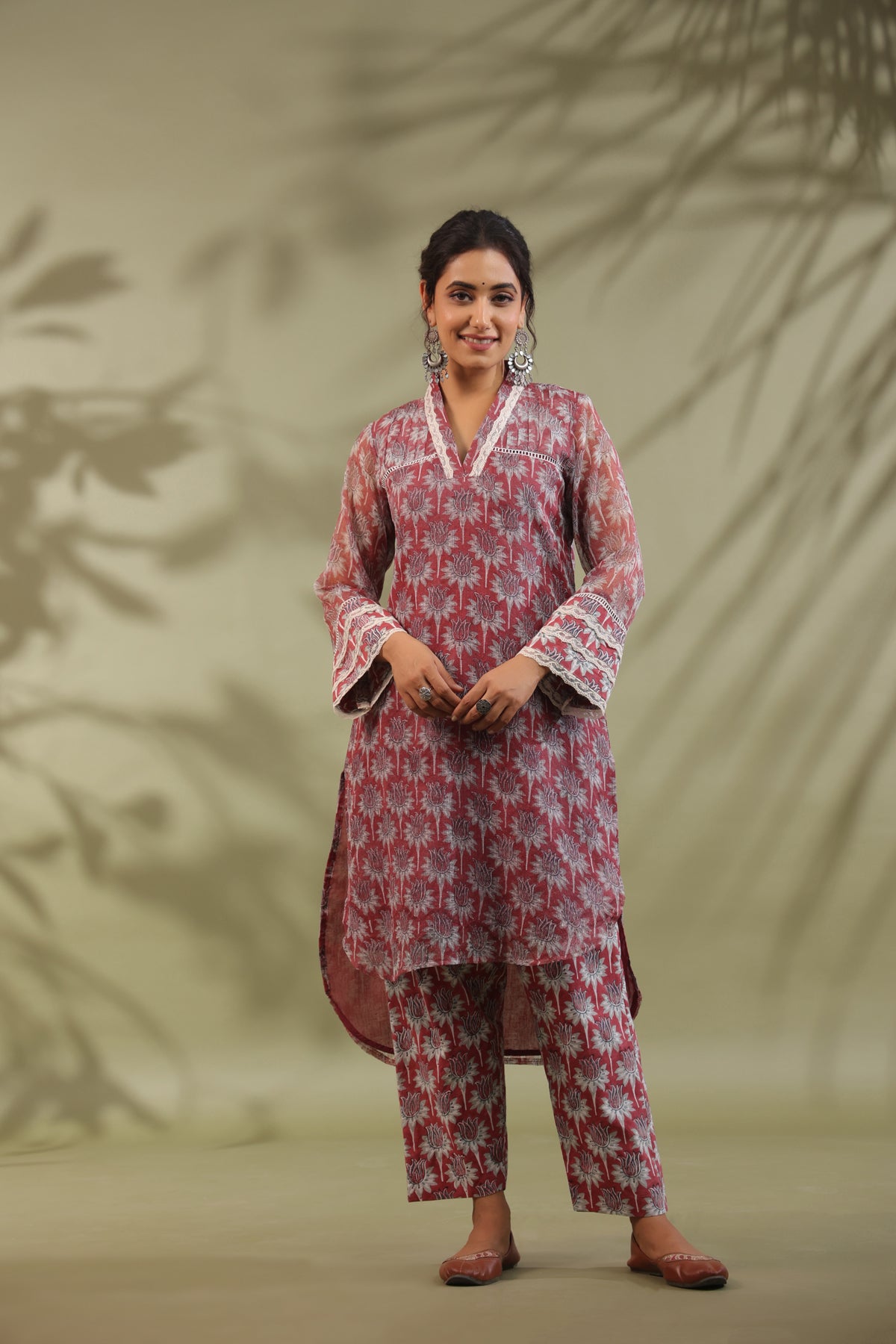 Hand Block Printed Cotton High Low Suit Set Of 3 Main image