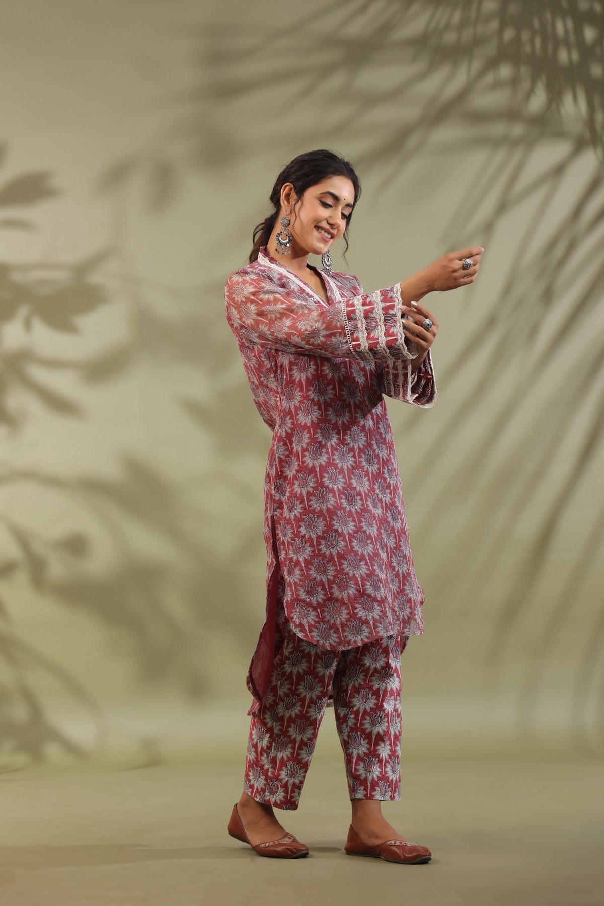 Hand Block Printed Cotton High Low Suit Set Of 3