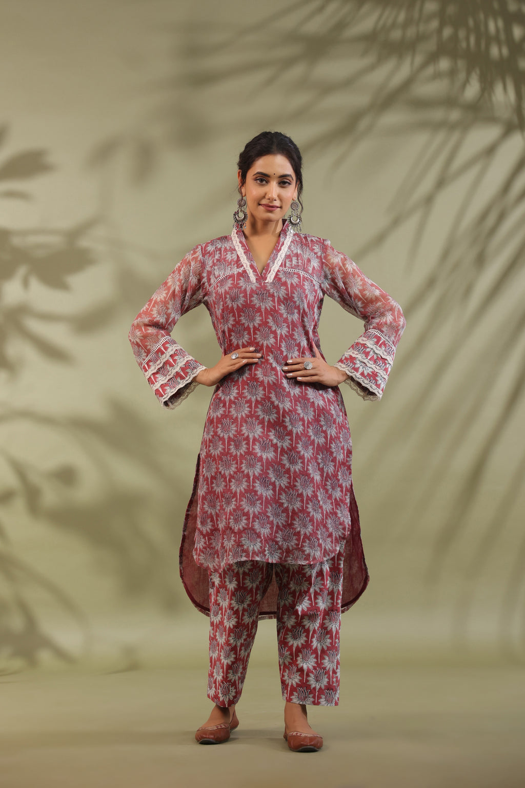 Hand Block Printed Cotton High Low Suit Set Of 3