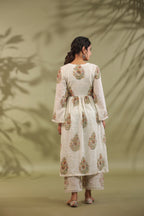 Gathered Kurta, Printed In White & Green Combination Suit Set Of 3