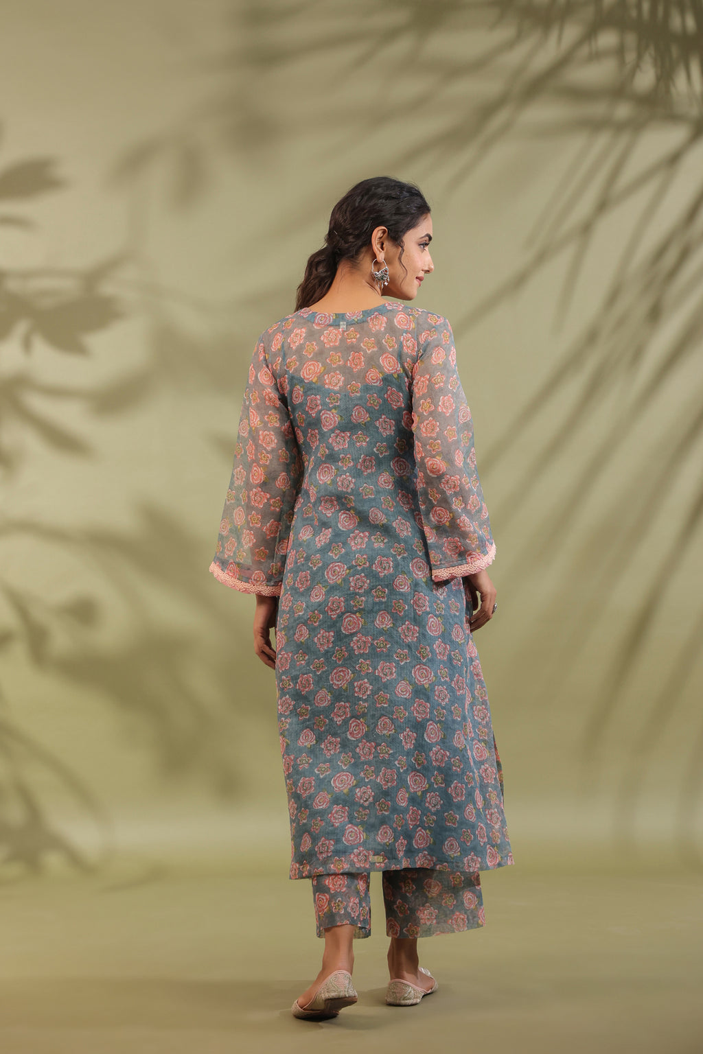 A-line Printed Kota Doria Kurta With Pintex, Suit Set Of 3