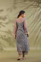 A-line Printed Kota Doria Kurta With Pintex, Suit Set Of 3