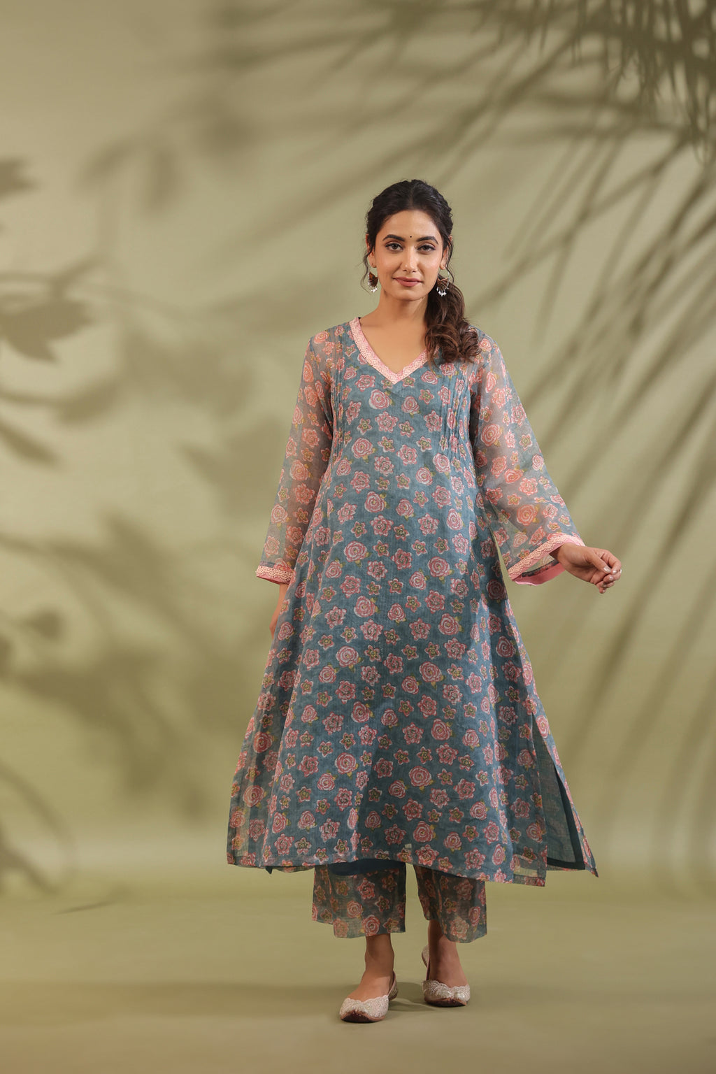 A-line Printed Kota Doria Kurta With Pintex, Suit Set Of 3