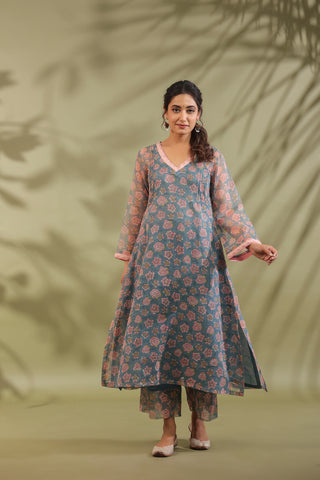 A-line Printed Kota Doria Kurta With Pintex, Suit Set Of 3