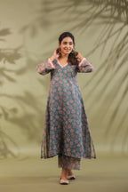 A-line Printed Kota Doria Kurta With Pintex, Suit Set Of 3