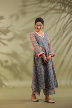 A-line Printed Kota Doria Kurta With Pintex, Suit Set Of 3