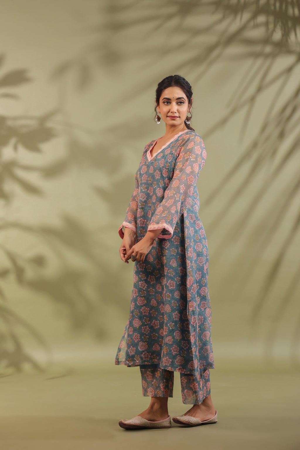 A-line Printed Kota Doria Kurta With Pintex, Suit Set Of 3