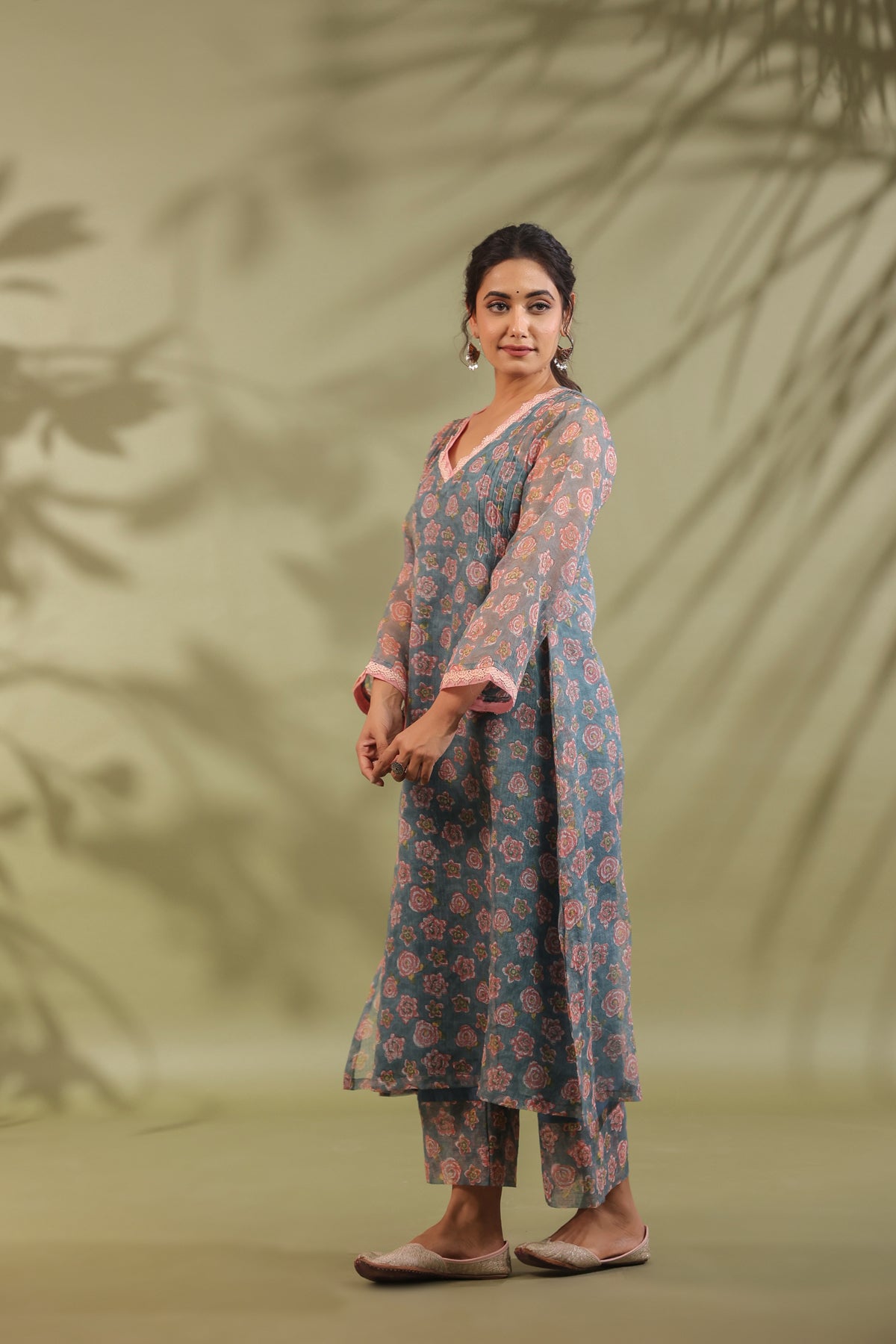 A-line Printed Kota Doria Kurta With Pintex, Suit Set Of 3