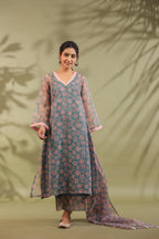 A-line Printed Kota Doria Kurta With Pintex, Suit Set Of 3