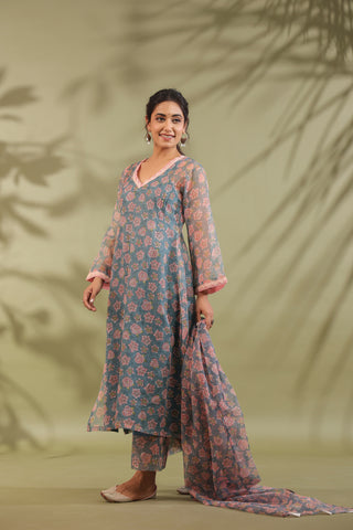 A-line Printed Kota Doria Kurta With Pintex, Suit Set Of 3