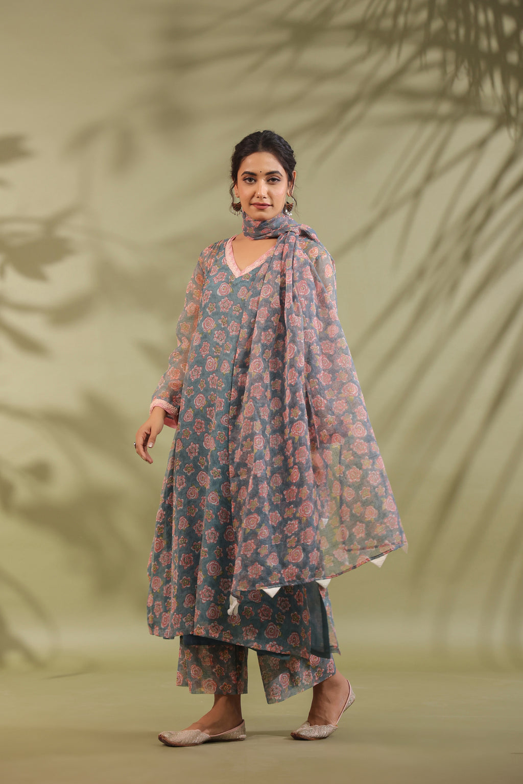 A-line Printed Kota Doria Kurta With Pintex, Suit Set Of 3