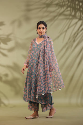 A-line Printed Kota Doria Kurta With Pintex, Suit Set Of 3